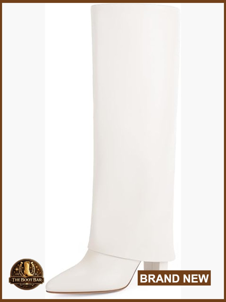 Fold Over Knee High Boots Chunky Heels Pointed Toe Zip